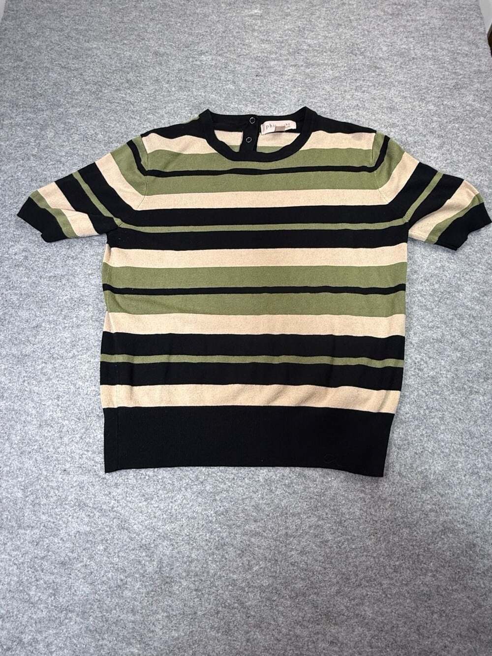 Philosophy Republic Clothing Striped Short Sleeve Knit Top Green Black Tan Sz M